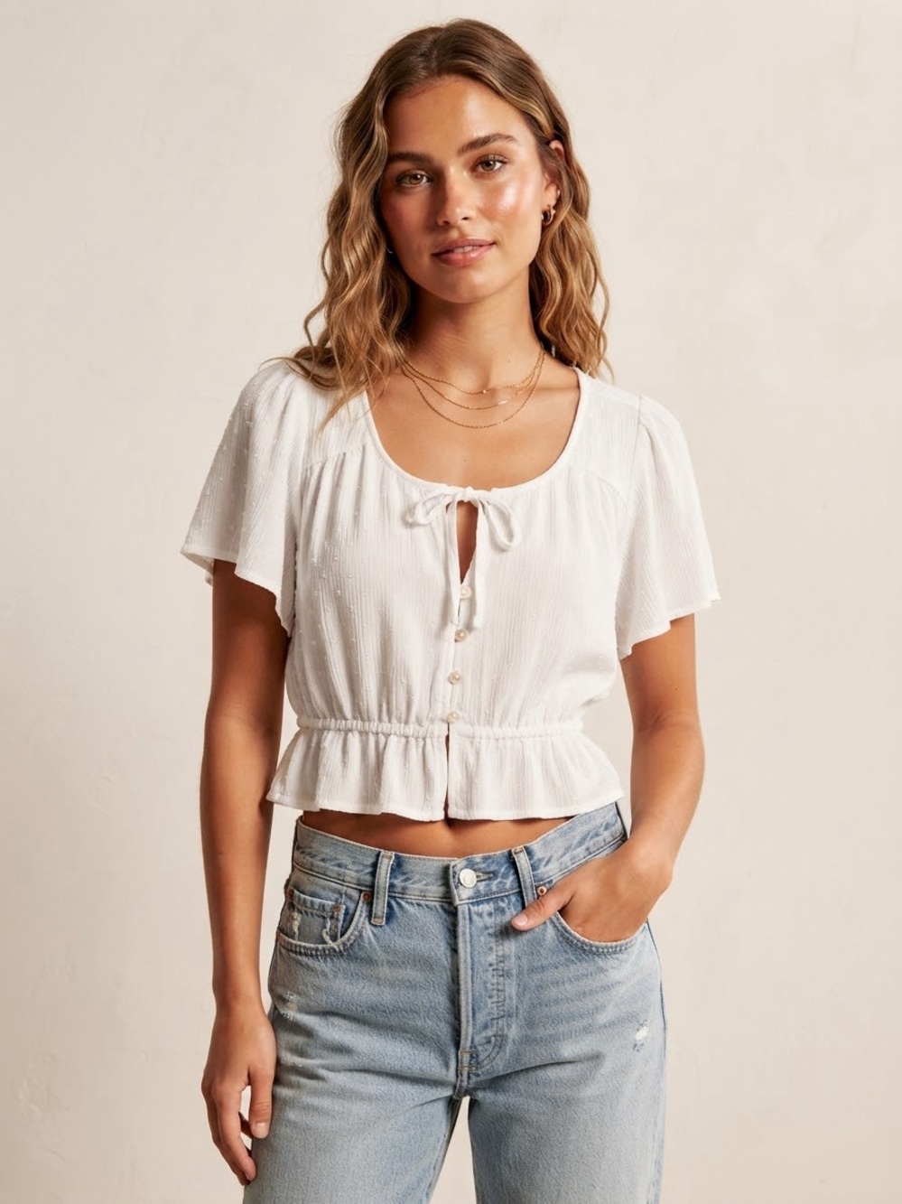 Abercrombie & Fitch White Tie Front Peasant Blouse